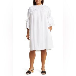 Harshman White Daphne Ruffle Cuff Cotton Poplin Dress with Pockets Size 2X